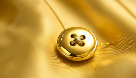 AI generated image showing a golden button sewn on fabrics in golden ambianceの素材