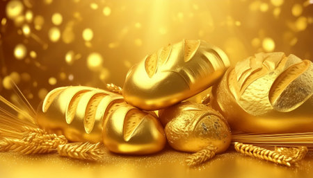 AI generated image showing various golden breads and bread rolls in golden ambianceの素材