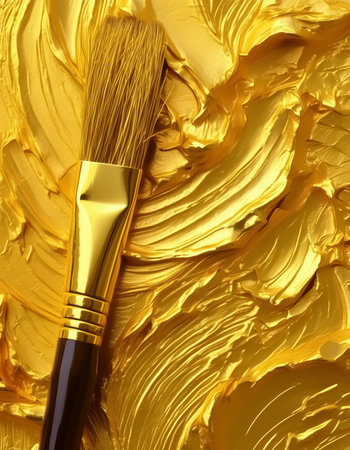 AI generated image showing a golden paintbrush tip in golden paint ambianceの素材