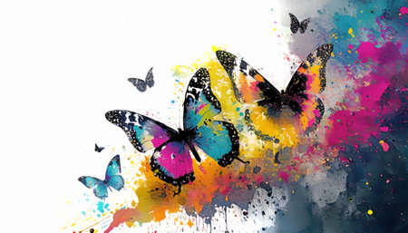 Beauty and animal theme showing some butterflies in multicolored vibrant splashy ambiance. AI generated image with lots of paint splashes, splatters and spotsの素材