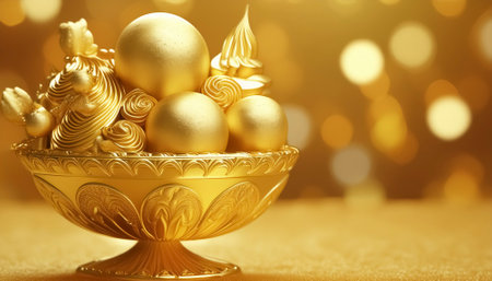 AI generated image showing a golden sundae in reflective golden ambianceの素材