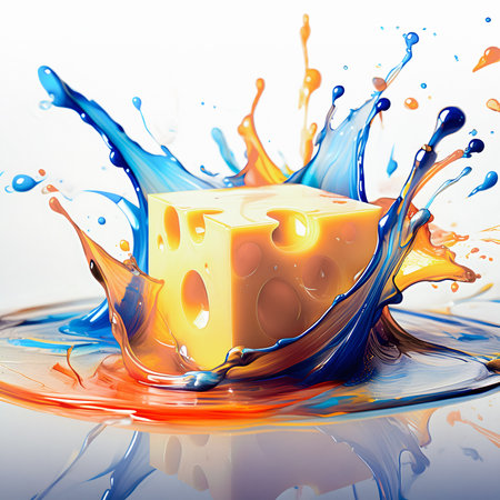 Culinary theme showing a piece of Emmental cheese in multicolored vibrant splashy ambiance. AI generated image with lots of paint splashes, splatters and spotsの素材