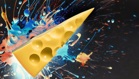 Culinary theme showing a piece of Emmental cheese in multicolored vibrant splashy ambiance. AI generated image with lots of paint splashes, splatters and spotsの素材
