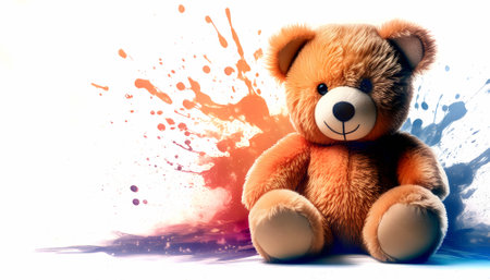 Toy and childhood theme showing a cute brown teddy bear sitting in multicolored vibrant splashy ambiance. AI generated image with lots of paint splashes, splatters and spotsの素材