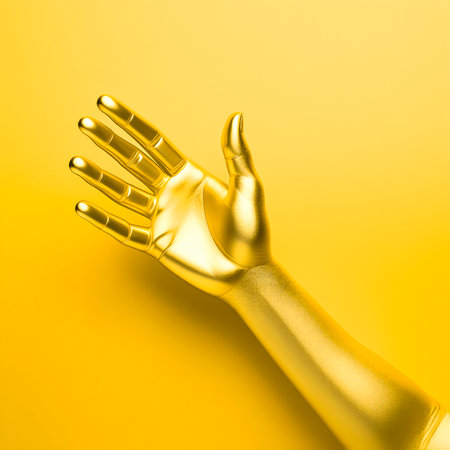 AI generated image showing a golden human hand in golden ambianceの素材