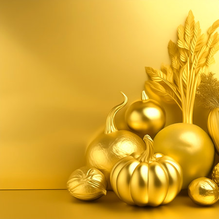 AI generated image showing various golden vegetables in golden ambianceの素材