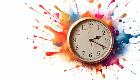 Time theme showing an analog clock dial in multicolored vibrant splashy ambiance. AI generated image with lots of paint splashes, splatters and spotsの素材