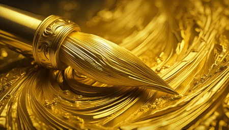 AI generated image showing a golden paintbrush tip in golden paint ambianceの素材