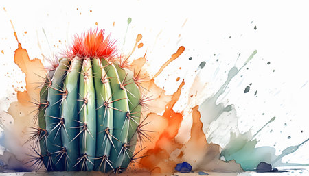 Cactus and succulent plant theme showing a cactus in multicolored vibrant splashy ambiance. AI generated image with lots of paint splashes, splatters and spotsの素材