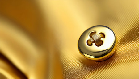 AI generated image showing a golden button sewn on fabrics in golden ambianceの素材