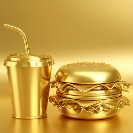 AI generated image showing a golden fast food arrangement in golden ambianceの素材
