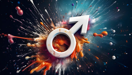 Gender theme showing a male symbol in multicolored vibrant splashy ambiance. AI generated image with lots of paint splashes, splatters and spotsの素材