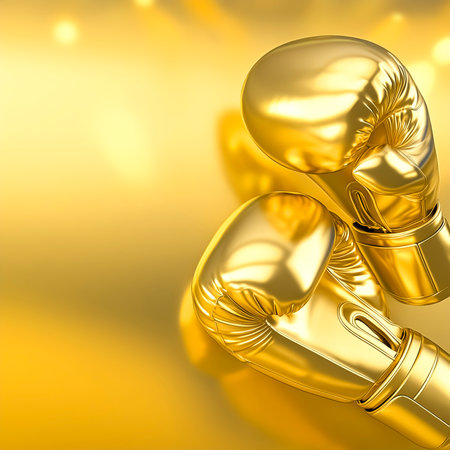AI generated image showing a pair of golden boxing gloves in golden ambianceの素材