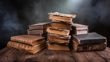 AI generated image showing stacked old rundown books on a wooden tableの素材