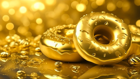 AI generated image showing golden doughnuts in golden ambianceの素材