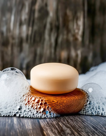 AI generated closeup image showing a soap bar and foam in wooden ambianceの素材