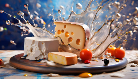 Culinary theme showing cheese board in multicolored vibrant splashy ambiance. AI generated image with lots of paint splashes, splatters and spotsの素材