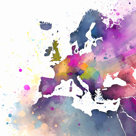 Culture and geography theme showing the silhouette of the European continent in multicolored vibrant splashy ambiance. AI generated image with lots of paint splashes, splatters and spotsの写真素材
