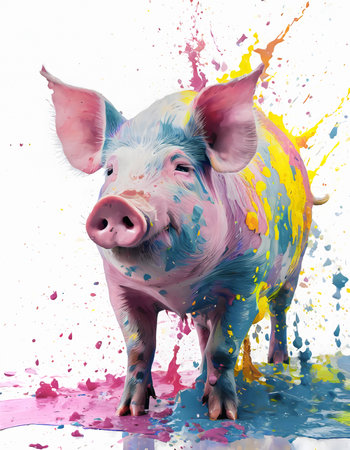 Farming and animal theme showing a pig in multicolored vibrant splashy ambiance. AI generated image with lots of paint splashes, splatters and spotsの写真素材
