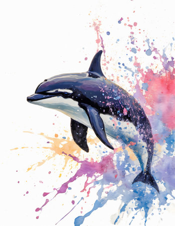 Marine animal and wildlife theme showing a jumping orca in multicolored vibrant splashy ambiance. AI generated image with lots of paint splashes, splatters and spotsの写真素材