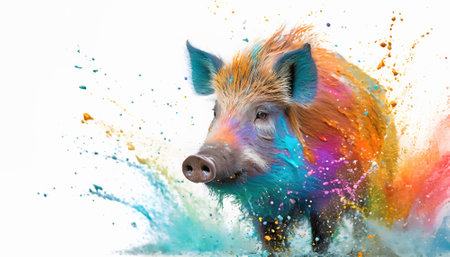 Animal and wildlife theme showing a wild boar in multicolored vibrant splashy ambiance. AI generated image with lots of paint splashes, splatters and spotsの写真素材