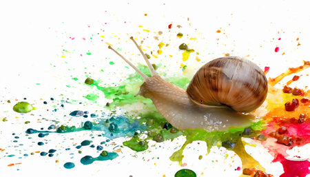 Animal and culinary theme showing a grapevine snail in multicolored vibrant splashy ambiance. AI generated image with lots of paint splashes, splatters and spotsの写真素材