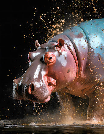 Wildlife and animal theme showing a hippo in multicolored vibrant splashy ambiance. AI generated...