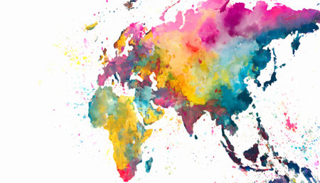 Culture and geography theme showing the silhouette of the Asian continent including Africa and Europe in multicolored vibrant splashy ambiance. AI generated image with lots of paint splashes, splatters and spotsの写真素材