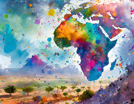 Culture and geography theme showing the silhouette of the African continent in multicolored vibrant splashy ambiance. AI generated image with lots of paint splashes, splatters and spotsの写真素材