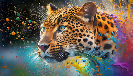Safari and wildlife theme showing the portrait of a jaguar in multicolored vibrant splashy ambiance. AI generated image with lots of paint splashes, splatters and spotsの素材