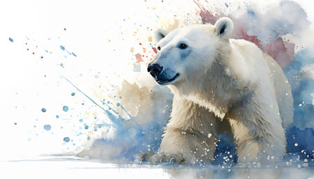 Animal and wildlife theme showing a polar bear in vibrant splashy ambiance. AI generated image with lots of paint splashes, splatters and spotsの素材