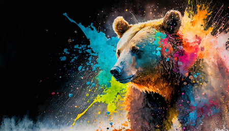 Animal and wildlife theme showing a brown bear in multicolored vibrant splashy ambiance. AI generated image with lots of paint splashes, splatters and spotsの素材