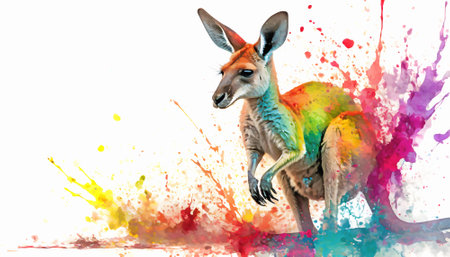 Animal and wildlife theme showing a kangaroo in multicolored vibrant splashy ambiance. AI generated image with lots of paint splashes, splatters and spotsの素材