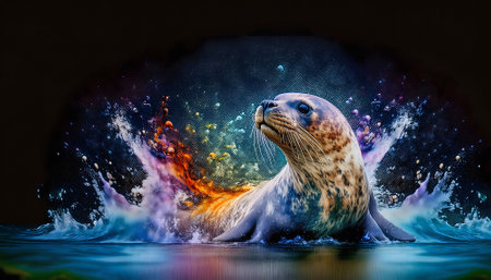 Animal and wildlife theme showing a seal in multicolored vibrant splashy ambiance. AI generated image with lots of paint splashes, splatters and spotsの素材