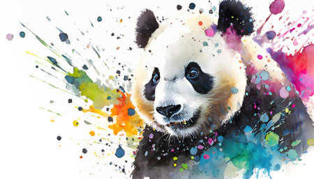 Wildlife and animal theme showing the portrait of a panda bear in multicolored vibrant splashy ambiance. AI generated image with lots of paint splashes, splatters and spotsの素材