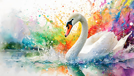 Birds and animal theme showing a swan swimming in in multicolored vibrant splashy ambiance. AI generated image with lots of paint splashes, splatters and spotsの素材