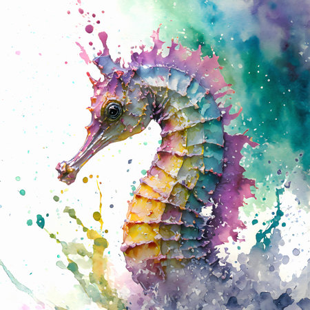 Marine animal theme showing a sea horse in multicolored vibrant splashy ambiance. AI generated image with lots of paint splashes, splatters and spotsの素材