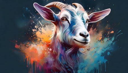 Animal and farming theme showing a goat portrait in multicolored vibrant splashy ambiance. AI generated image with lots of paint splashes, splatters and spotsの素材