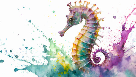 Marine animal theme showing a sea horse in multicolored vibrant splashy ambiance. AI generated image with lots of paint splashes, splatters and spotsの素材