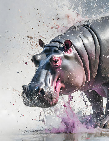 Wildlife and animal theme showing a hippo in multicolored vibrant splashy ambiance. AI generated image with lots of paint splashes, splatters and spotsの素材
