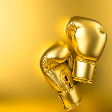 AI generated image showing a pair of golden boxing gloves in golden ambianceの素材