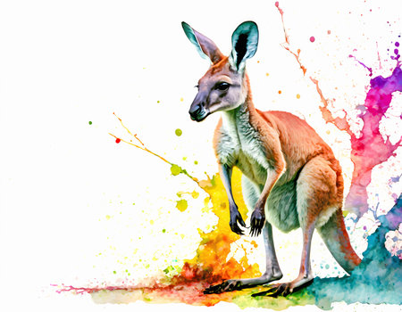 Animal and wildlife theme showing a kangaroo in multicolored vibrant splashy ambiance. AI generated image with lots of paint splashes, splatters and spotsの素材