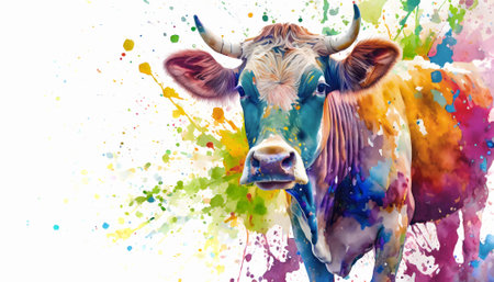 Animal and farming theme showing a cow in multicolored vibrant splashy ambiance. AI generated image with lots of paint splashes, splatters and spotsの素材