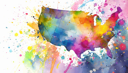 Culture and geography theme showing the silhouette of the North American continent in multicolored vibrant splashy ambiance. AI generated image with lots of paint splashes, splatters and spotsの素材