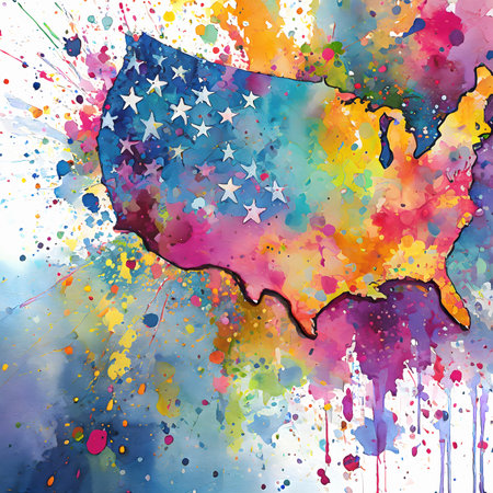 Culture and geography theme showing the silhouette of the North American continent in multicolored vibrant splashy ambiance. AI generated image with lots of paint splashes, splatters and spotsの素材
