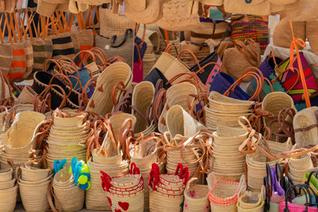 Lots of bags made of straw and other materials seen in southern Franceの写真素材