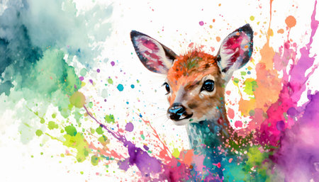 Animal and wildlife theme showing a roe deer in multicolored vibrant splashy ambiance. AI generated image with lots of paint splashes, splatters and spotsの素材