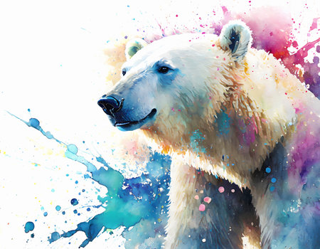 Animal and wildlife theme showing a polar bear in vibrant splashy ambiance. AI generated image with lots of paint splashes, splatters and spotsの素材