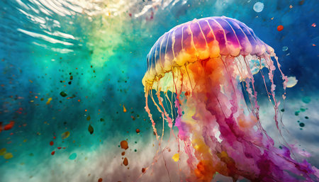 Marine animal and sea life theme showing a floating jellyfish in multicolored vibrant splashy ambiance. AI generated image with lots of paint splashes, splatters and spotsの素材