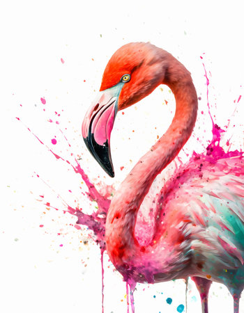 Animal and wildlife theme showing a flamingo bird in multicolored vibrant splashy ambiance. AI generated image with lots of paint splashes, splatters and spotsの素材